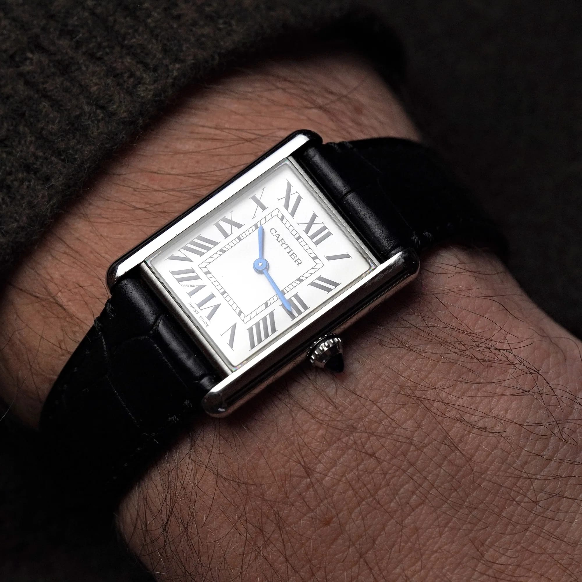 Cartier Tank Must worn on the wrist, blued hands