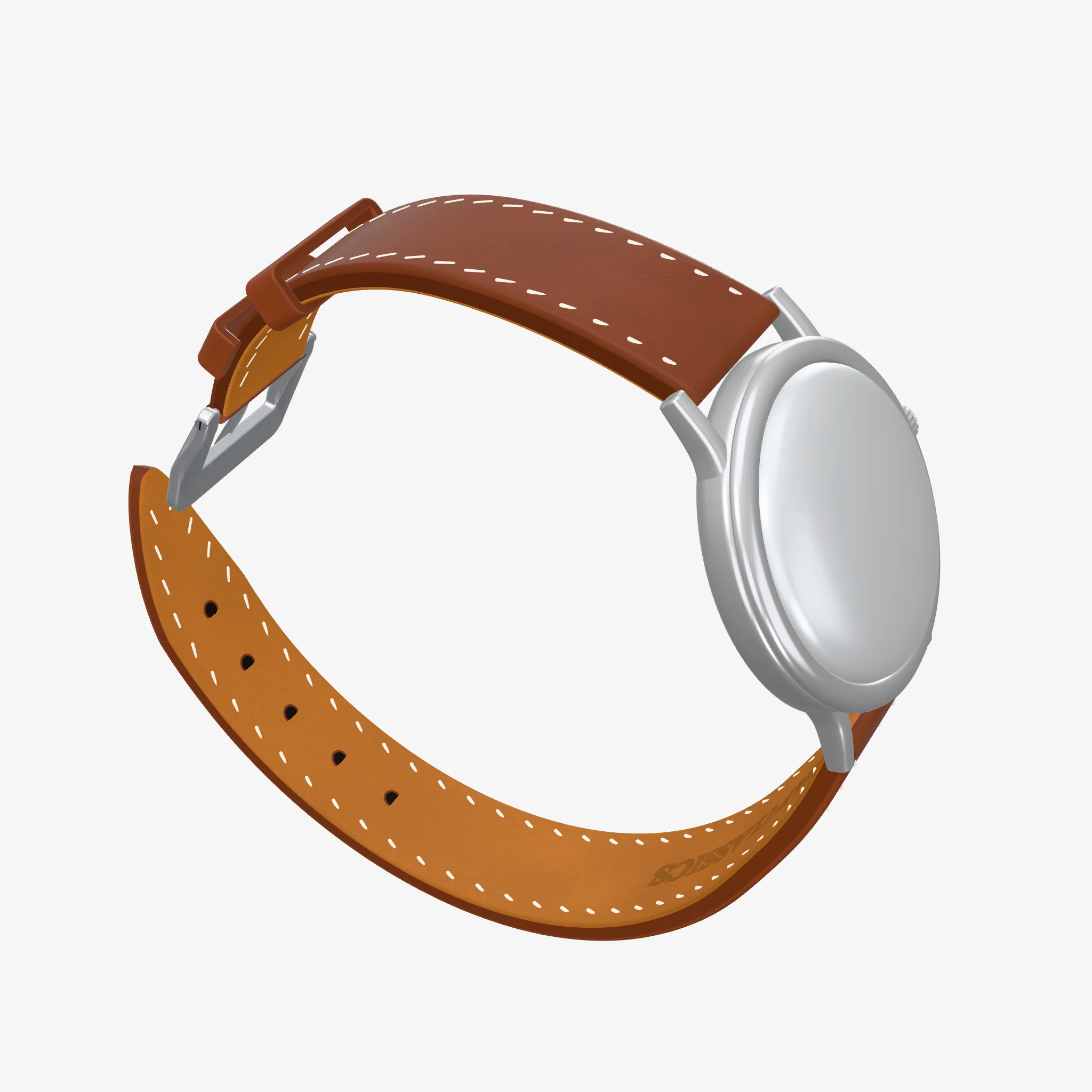 3D-Ansicht eines Uhrenarmbands nach Mass in Barenia-Leder mit Dornschliesse an einer runden Uhr